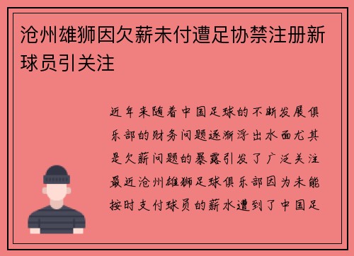 沧州雄狮因欠薪未付遭足协禁注册新球员引关注