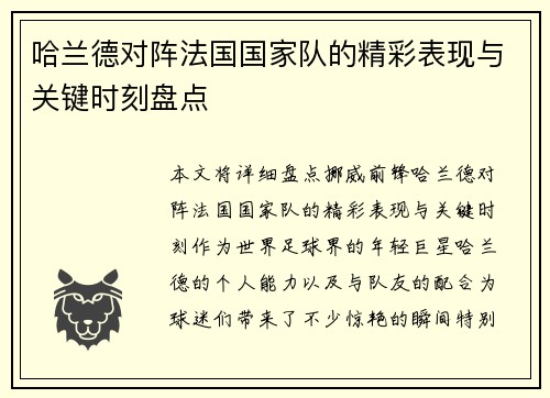 哈兰德对阵法国国家队的精彩表现与关键时刻盘点