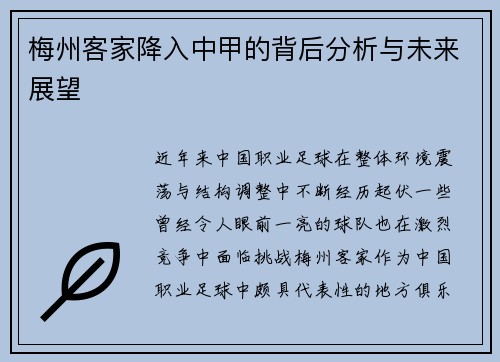 梅州客家降入中甲的背后分析与未来展望